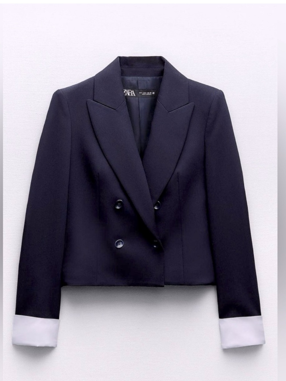 ZARA Navy Cropped Blazer with White Cuffs